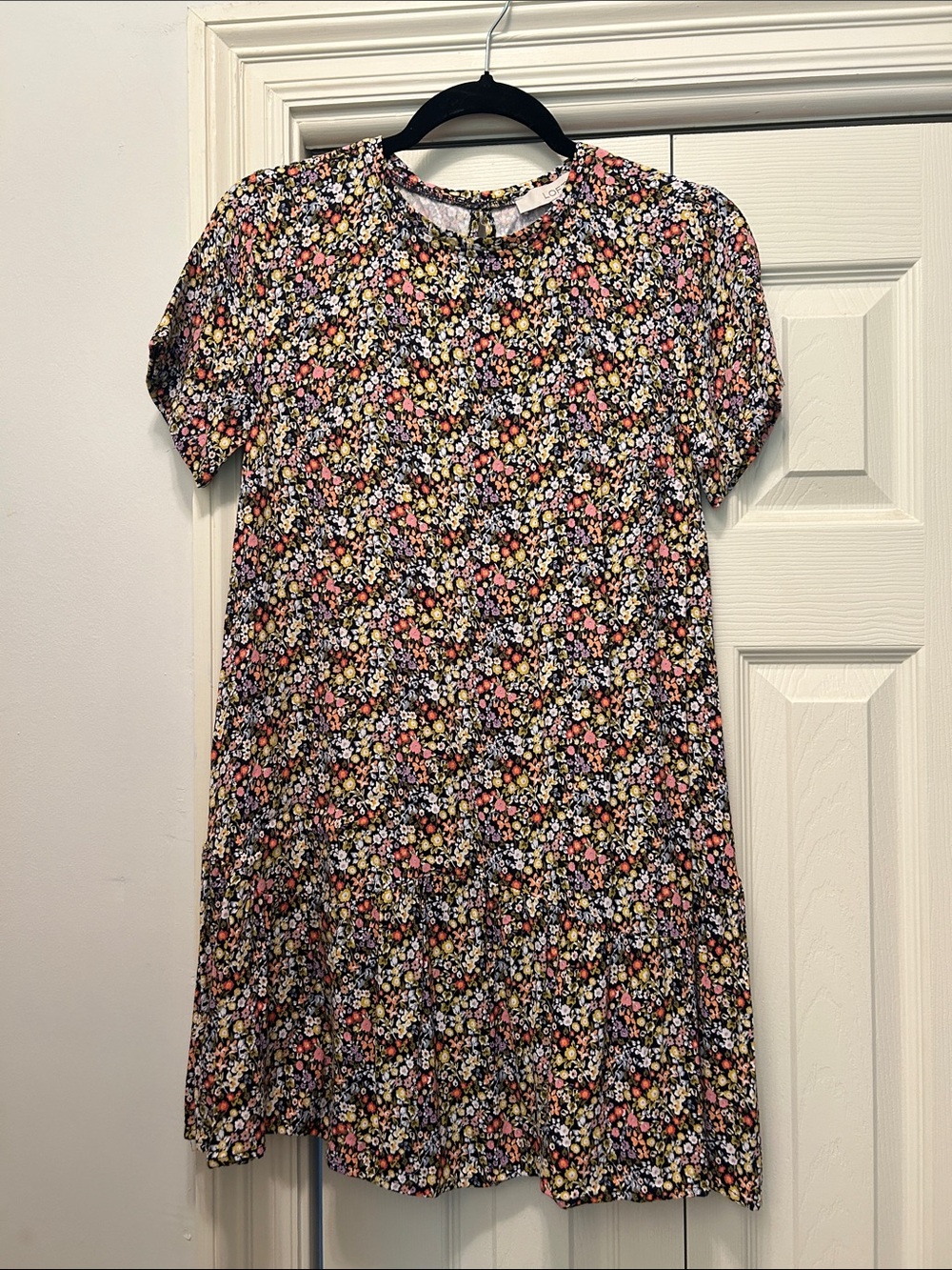 LOFT Floral Short Sleeve Swing Dress - Black with Pink & Yellow Flowers